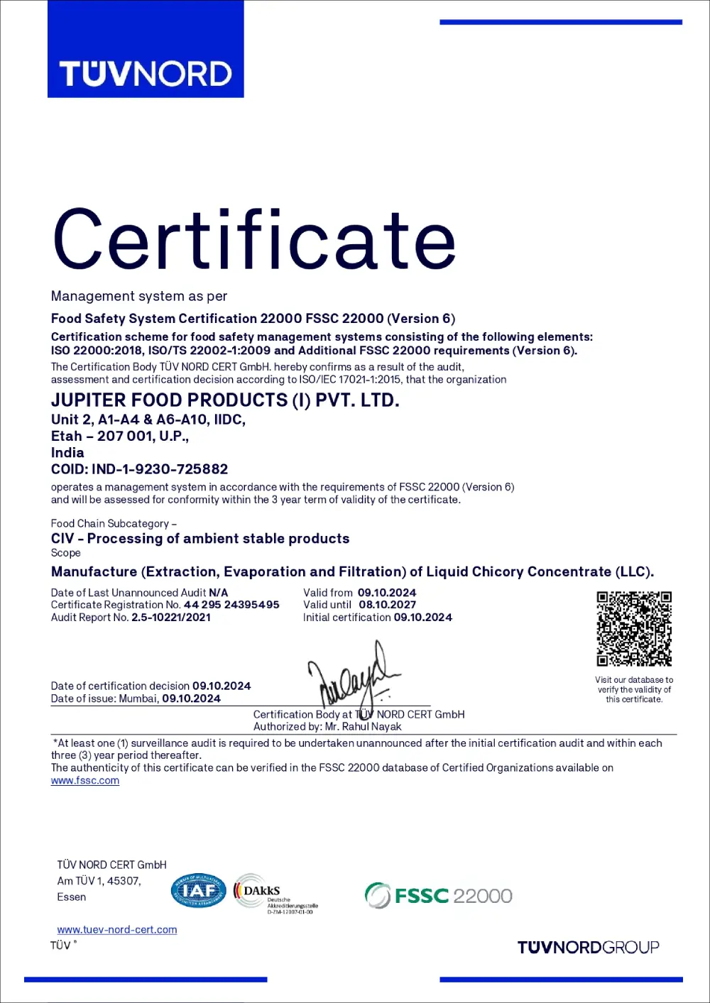 Jupiter Foods India ISO & KOSHER Certificate