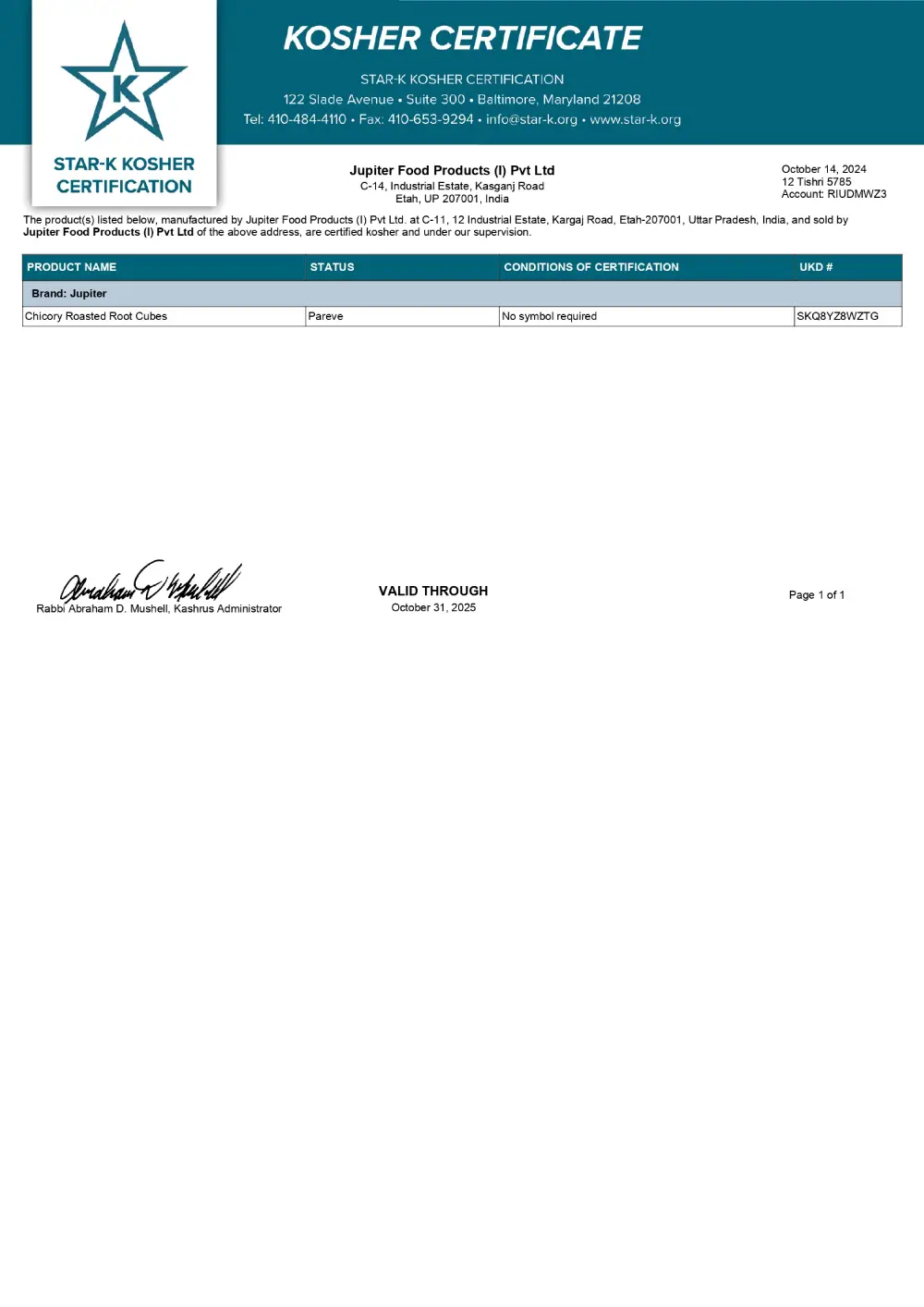 Jupiter Foods India ISO & KOSHER Certificate
